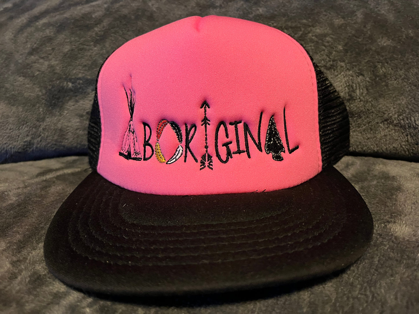 “Aboriginal” Logo Trucker Style Flat Bill Hat Pink