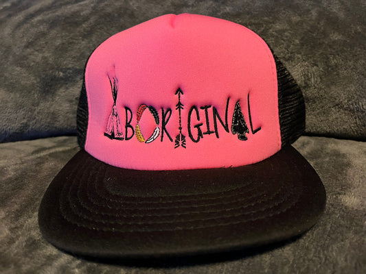 “Aboriginal” Logo Trucker Style Flat Bill Hat Pink